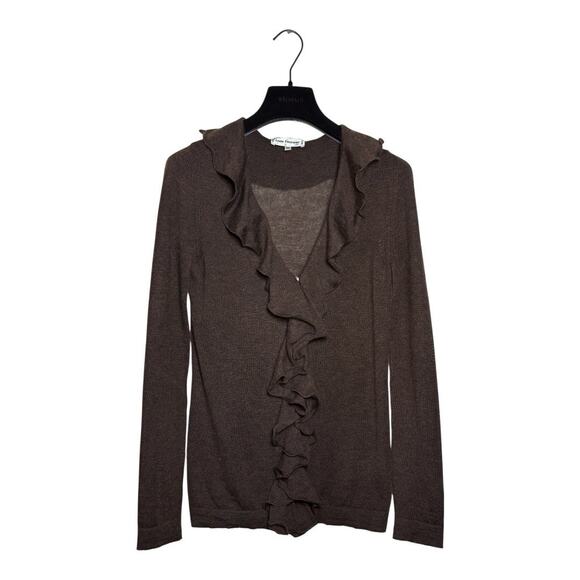 Anne Fontaine Chocolate Brown Cashmere Silk Ruffle Cardigan VTG Y2K 38 EU - Picture 2 of 6